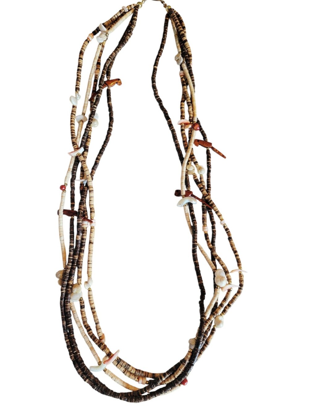 Vintage Fetish 5 Strand Carved Shell Mother Of Pearl Coral BirdNecklace 30”